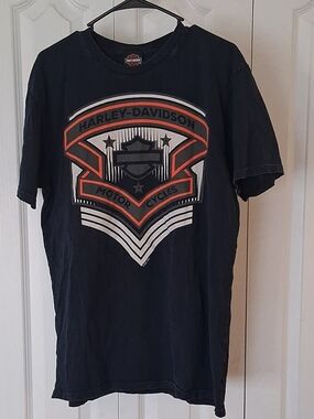 Harley-Davidson Black T-Shirt with Orange and White Shield Graphic